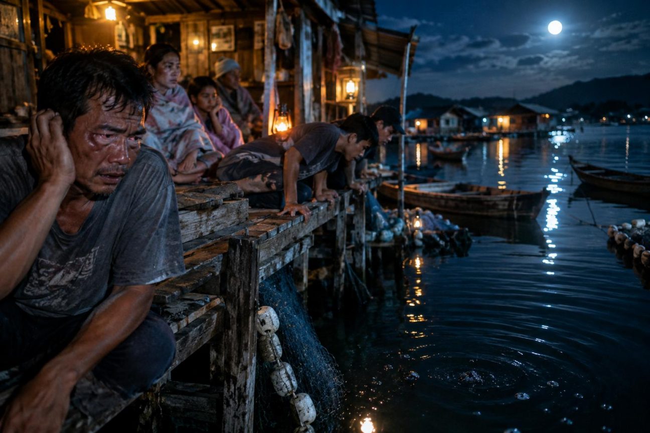 Un plainfin midshipman beige et trapu avec des points luminescents dorés parsemant son corps, photographié en milieu marin près de structures flottantes ou de quais.
