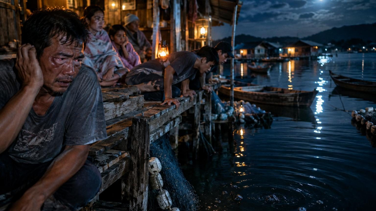 Un plainfin midshipman beige et trapu avec des points luminescents dorés parsemant son corps, photographié en milieu marin près de structures flottantes ou de quais.