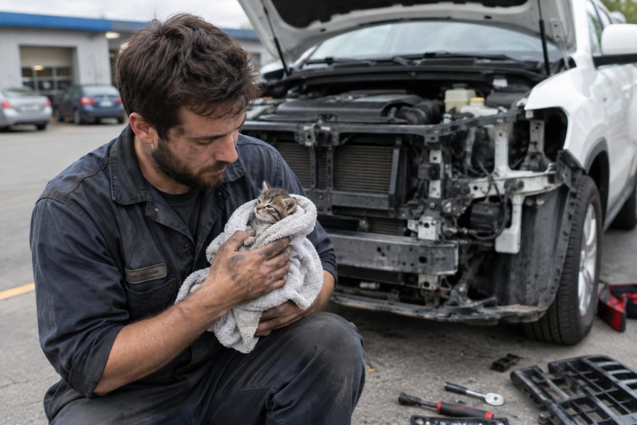 Employés allongés au sol sous un SUV, démontant la calandre avant du véhicule pour récupérer un chaton coincé dans le compartiment moteur, sur le parking d'un hôpital au Texas.