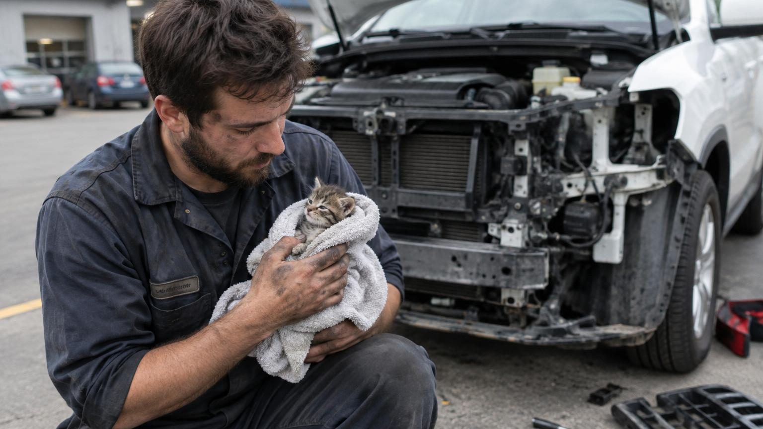 Employés allongés au sol sous un SUV, démontant la calandre avant du véhicule pour récupérer un chaton coincé dans le compartiment moteur, sur le parking d'un hôpital au Texas.