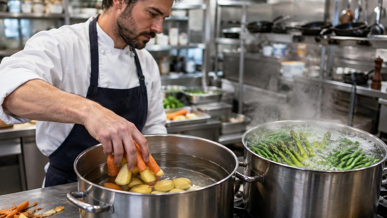Un chef en tenue blanche prépare des légumes frais auprès d'une casserole d'eau, illustrant les techniques de cuisson selon le type de légume.