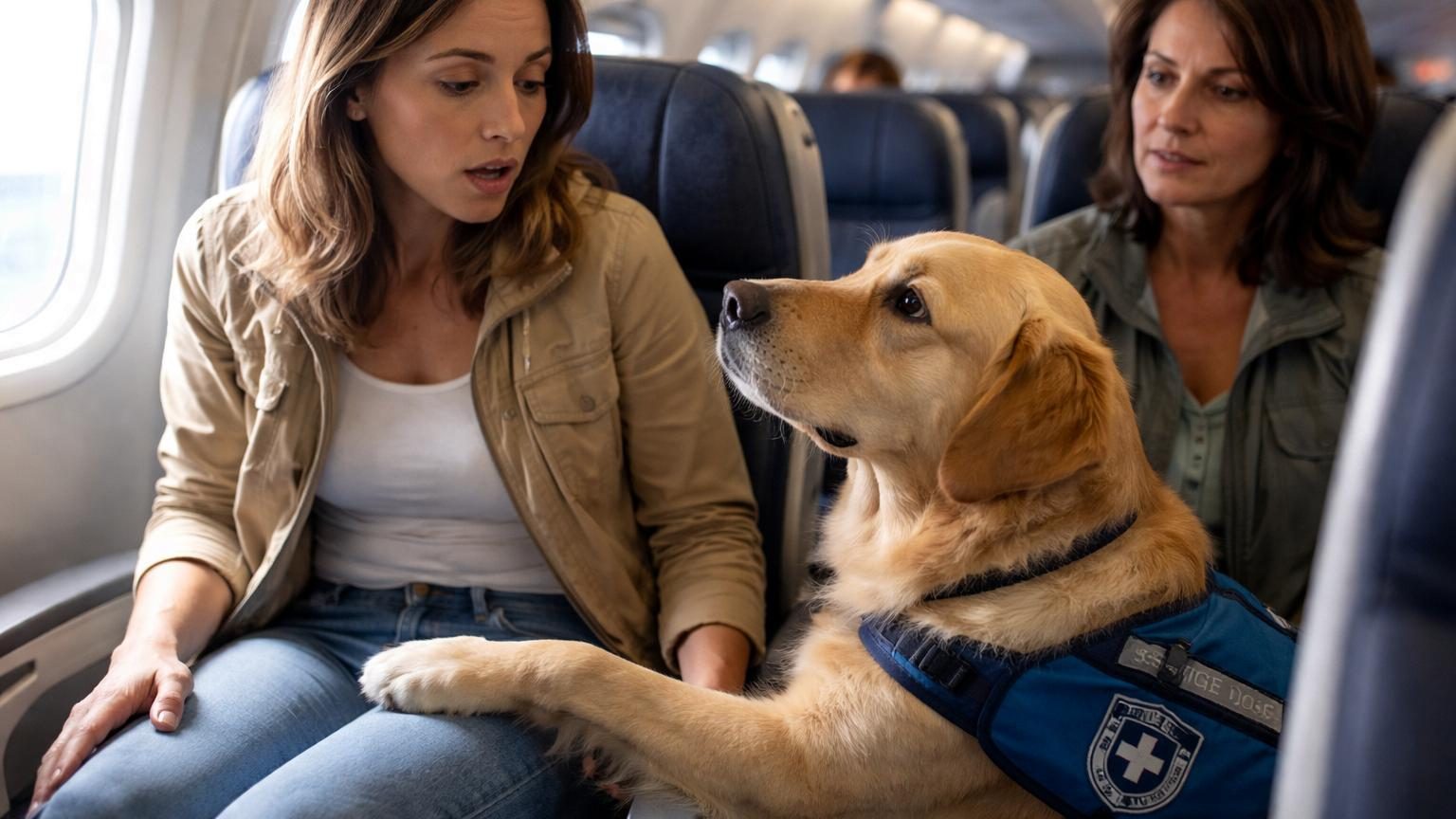Un chien doré assis dans un siège d'avion, levant la patte vers une passagère assise à côté de lui.