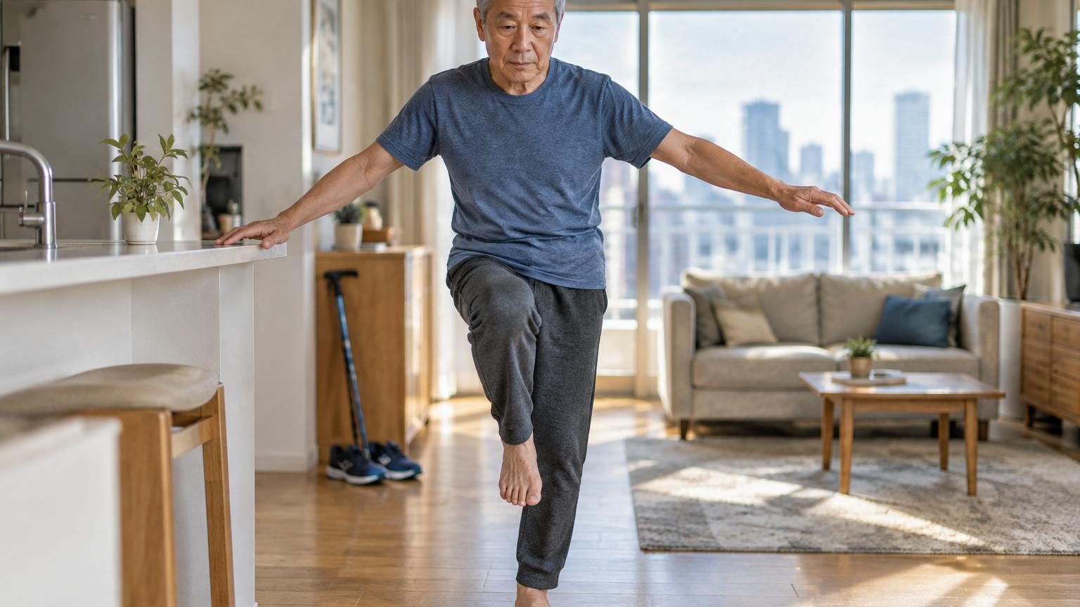 Une personne âgée debout en équilibre sur une jambe, main appuyée sur une chaise pour la stabilité, dans un intérieur lumineux et sécurisé.