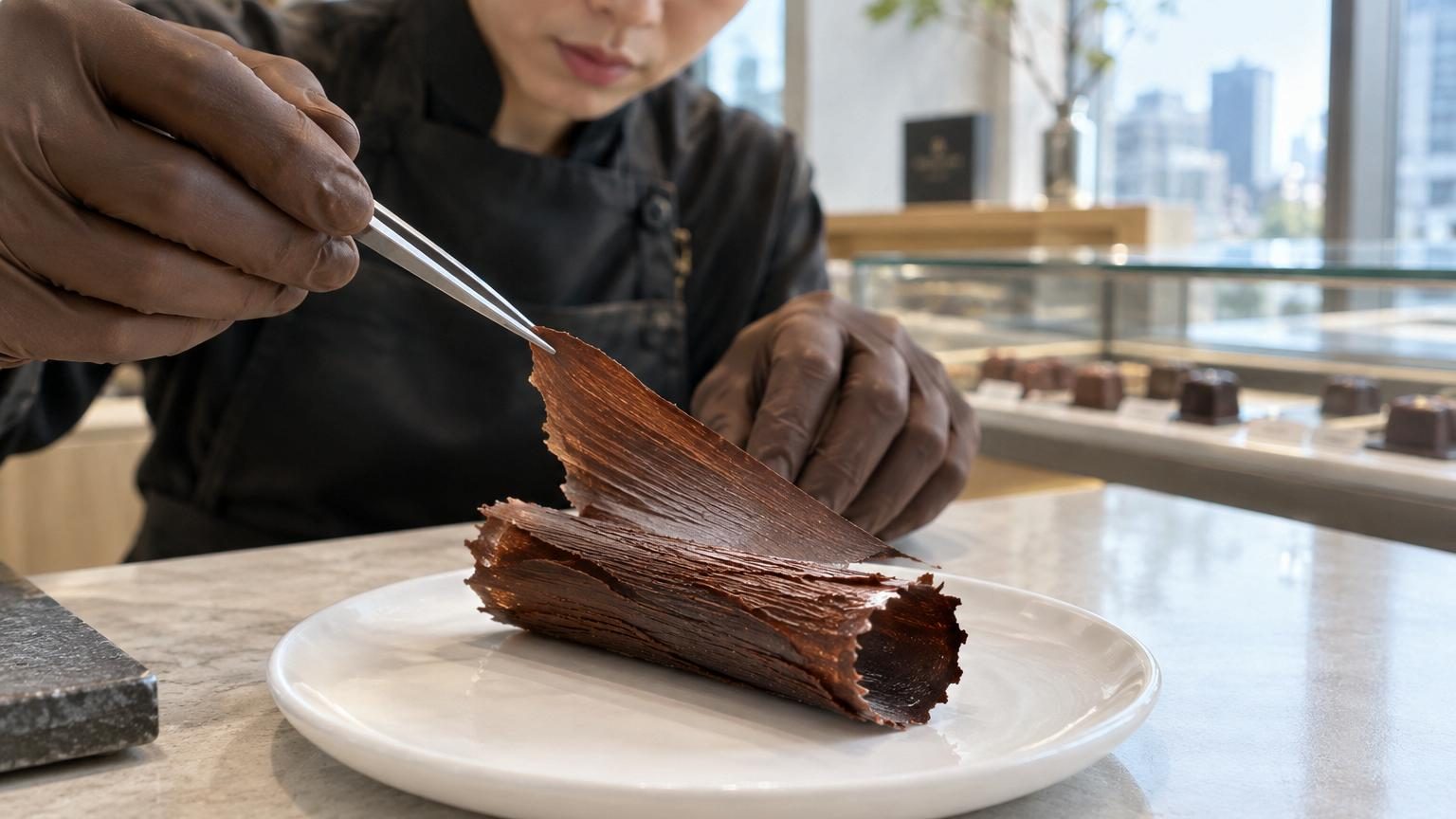 Gros plan sur une minuscule feuille de chocolat ultra-fine, translucide et irrégulière, roulée en forme de brindille délicate sur un fond blanc ou claire.