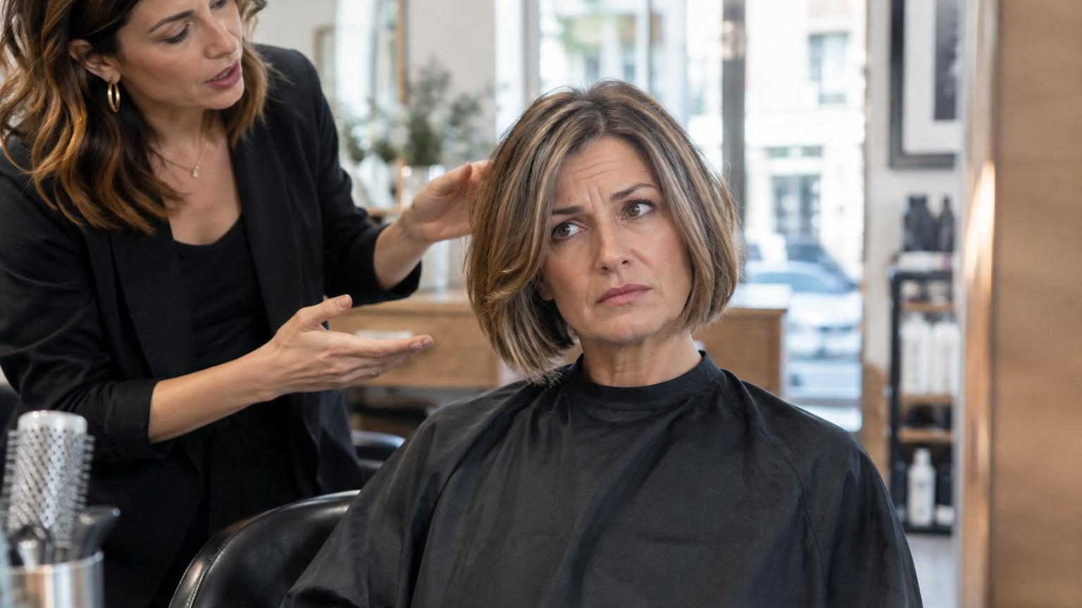 Comparaison visuelle entre deux coiffures de femme aux cheveux gris: à gauche, cheveux très longs raides sans dégradé; à droite, cheveux longs avec dégradé léger et volume.