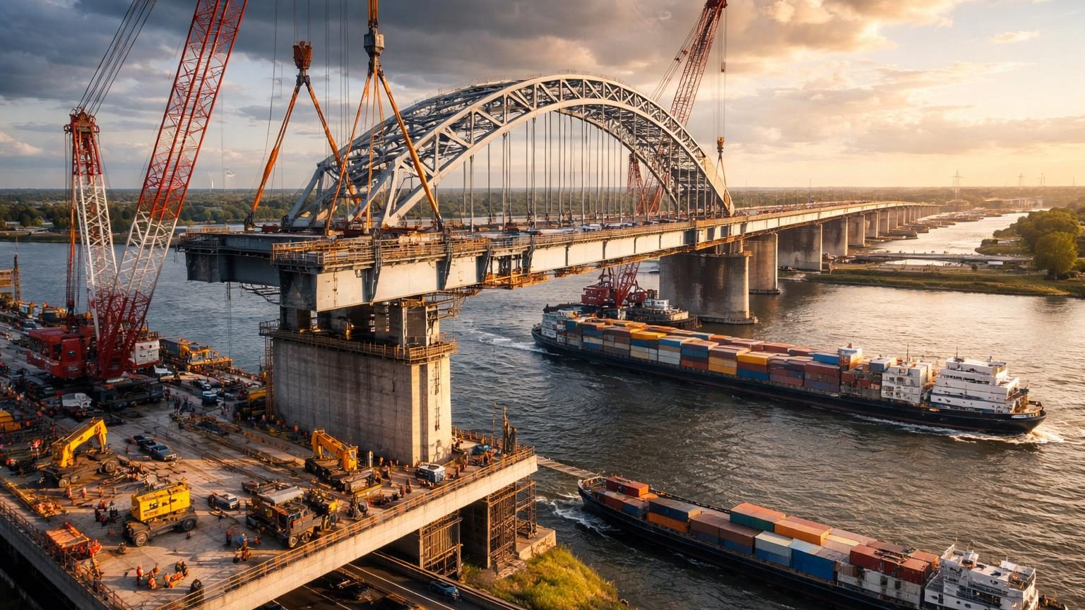 Illustration conceptuelle d'un pont métallique géant surplombant la Merwede aux Pays-Bas, avec des péniches et porte-conteneurs circulant en dessous et une autoroute au-dessus, symbolisant l'axe logistique Rotterdam-Allemagne.