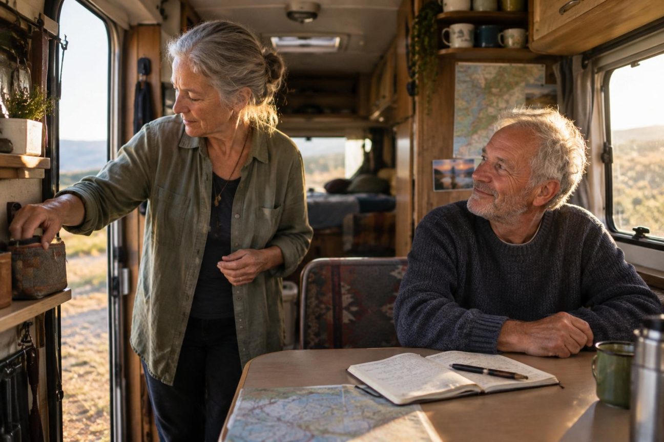 Intérieur d'un camping-car avec un carnet papier posé sur une tablette près de la porte, à côté de deux tasses, symbolisant l'outil quotidien d'un couple de retraités voyageurs.