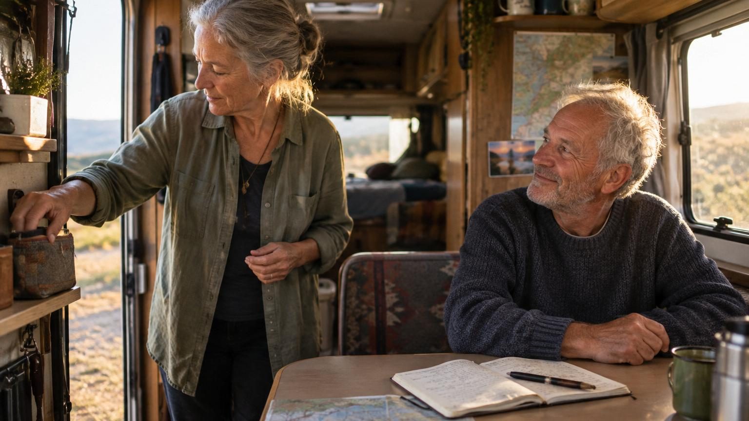 Intérieur d'un camping-car avec un carnet papier posé sur une tablette près de la porte, à côté de deux tasses, symbolisant l'outil quotidien d'un couple de retraités voyageurs.