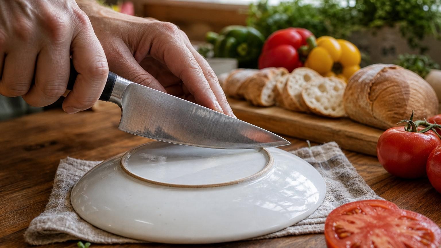 Un couteau qui ne coupe plus : l&rsquo;astuce du fond d&rsquo;assiette en céramique pour le raviver en 30 secondes