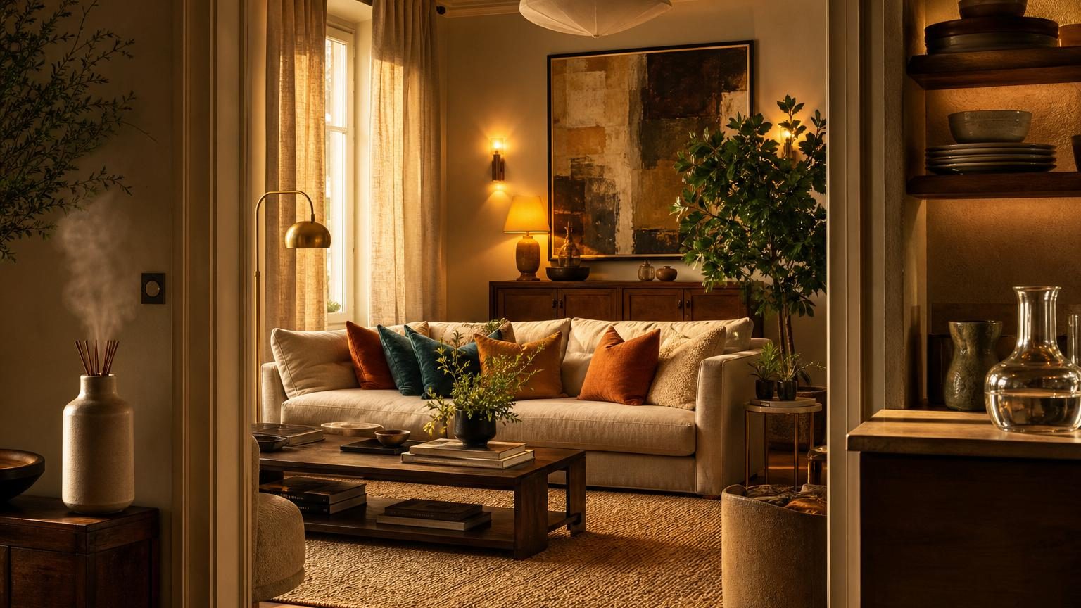 Intérieur lumineux et cosy avec tapis texturé, coussins, cadre mural, lampes de différentes sources et vaisselle visible sur une étagère.