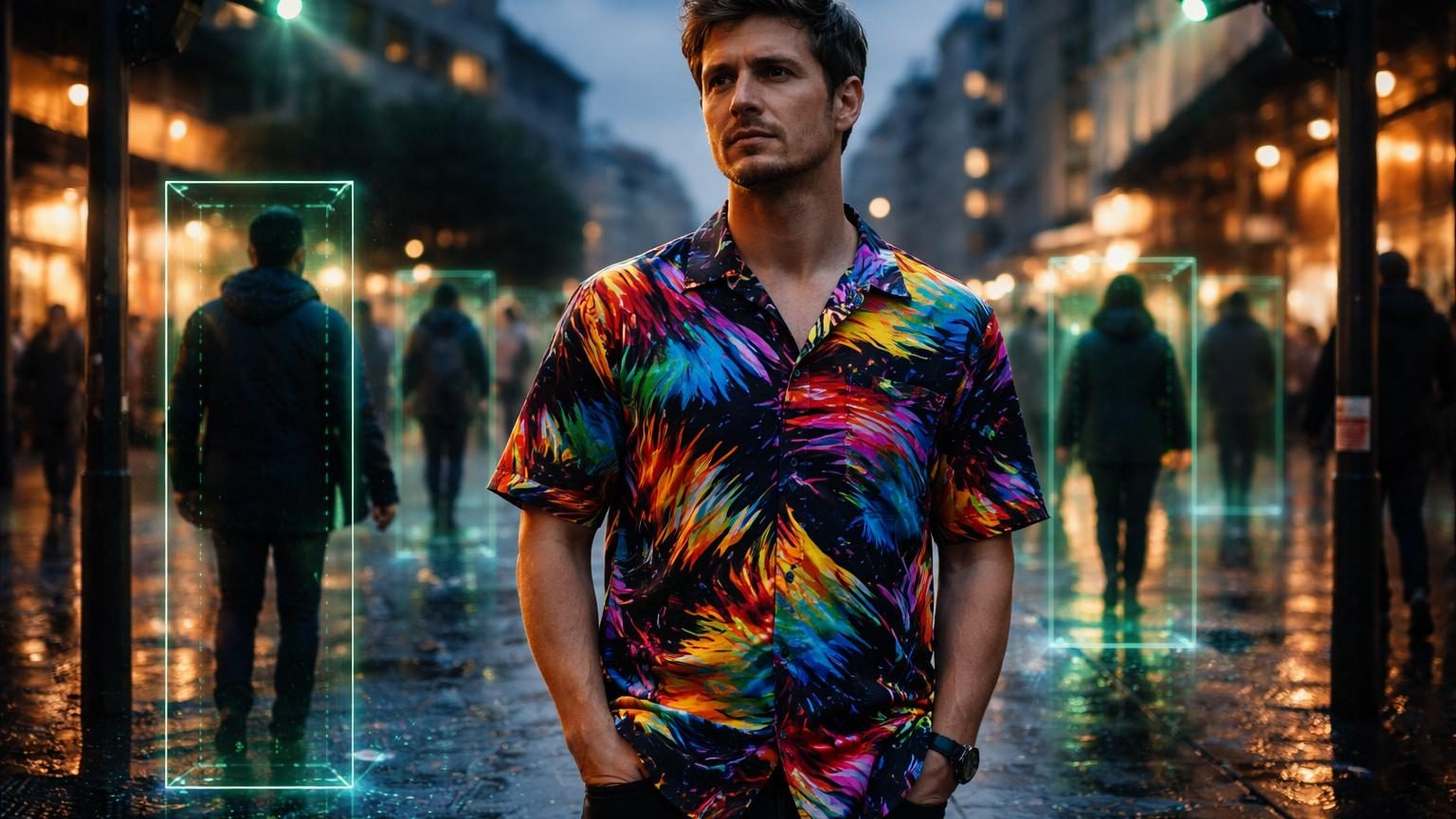 Chemise hawaïenne aux motifs géométriques abstraits et couleurs saturées, conçue pour tromper les algorithmes de détection d'IA en vidéosurveillance.