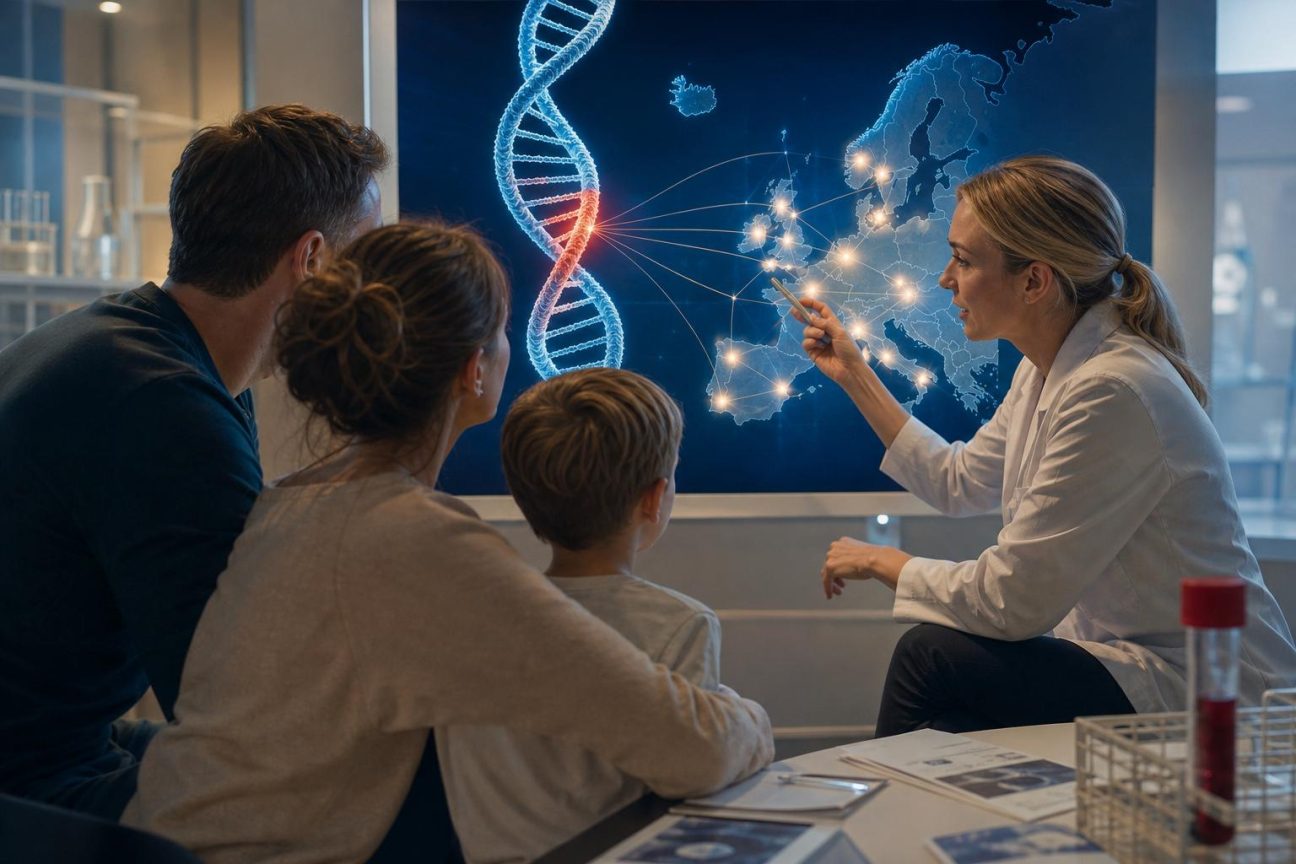 Salle d'attente de clinique avec deux familles assises en silence, évoquant l'incertitude et les préoccupations médicales des parents face aux résultats génétiques de leur enfant né par don de sperme.