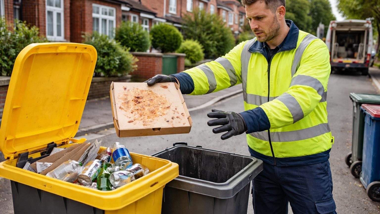 Éboueur triant des déchets dans un centre de recyclage, séparant les matériaux mal triés d'une benne contaminée.