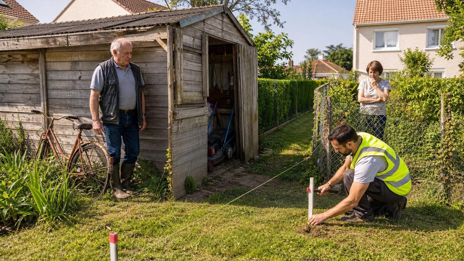 Robert, 72 ans, observe le géomètre planter une borne blanche marquant la limite réelle de sa propriété, découvrant que son cabanon empiète légèrement sur le terrain voisin.
