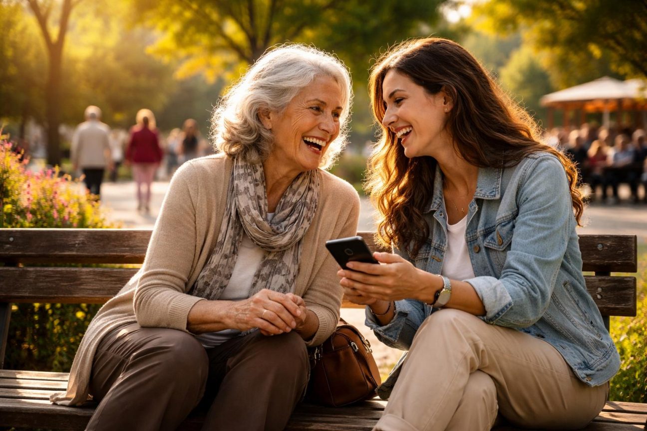 Deux personnes d'âges très différents engagées dans une conversation souriant ensemble, l'une plus âgée et l'autre jeune adulte.