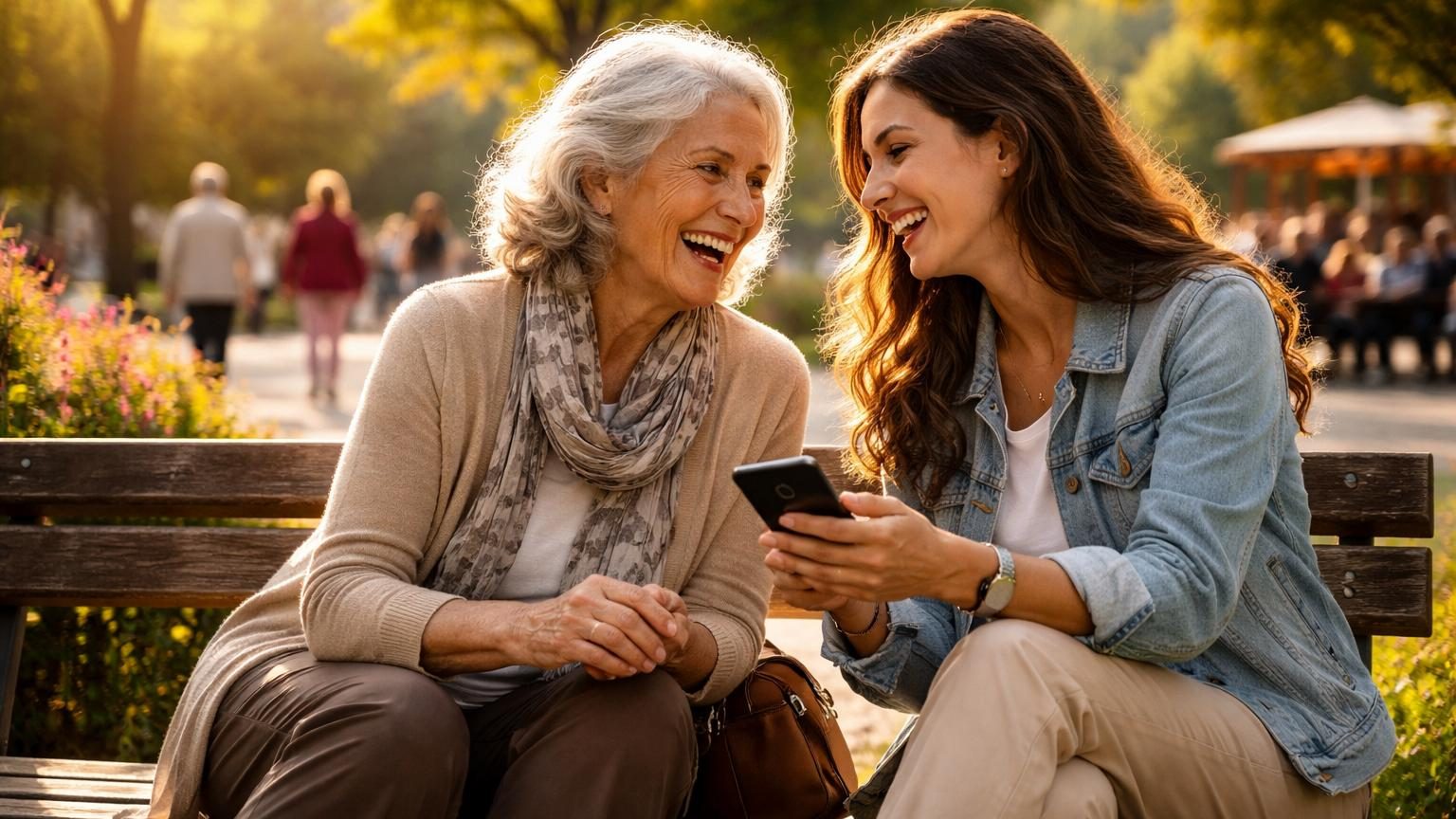 Deux personnes d'âges très différents engagées dans une conversation souriant ensemble, l'une plus âgée et l'autre jeune adulte.