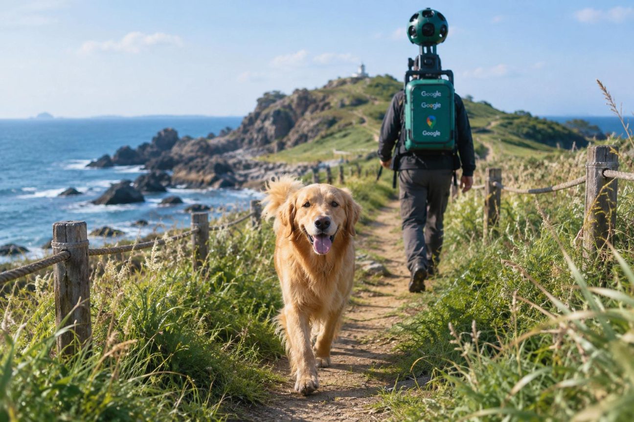 Un golden retriever aux poils roux et dorés marche sur un sentier montagneux aux fleurs blanches, accompagnant un photographe porteur d'équipement Street View, souriant et langue pendante.