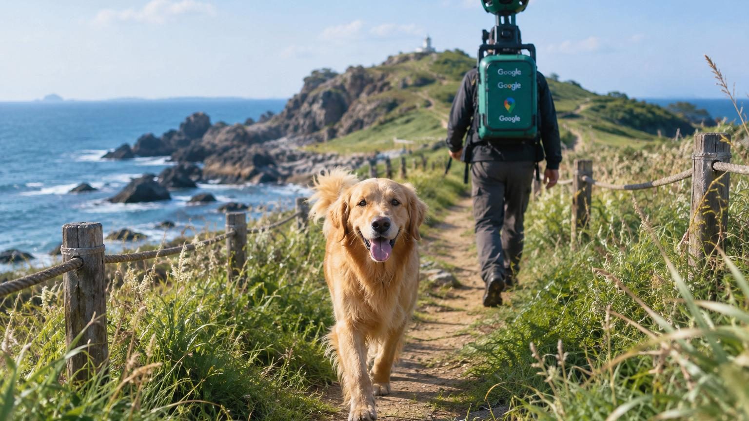 Un golden retriever aux poils roux et dorés marche sur un sentier montagneux aux fleurs blanches, accompagnant un photographe porteur d'équipement Street View, souriant et langue pendante.