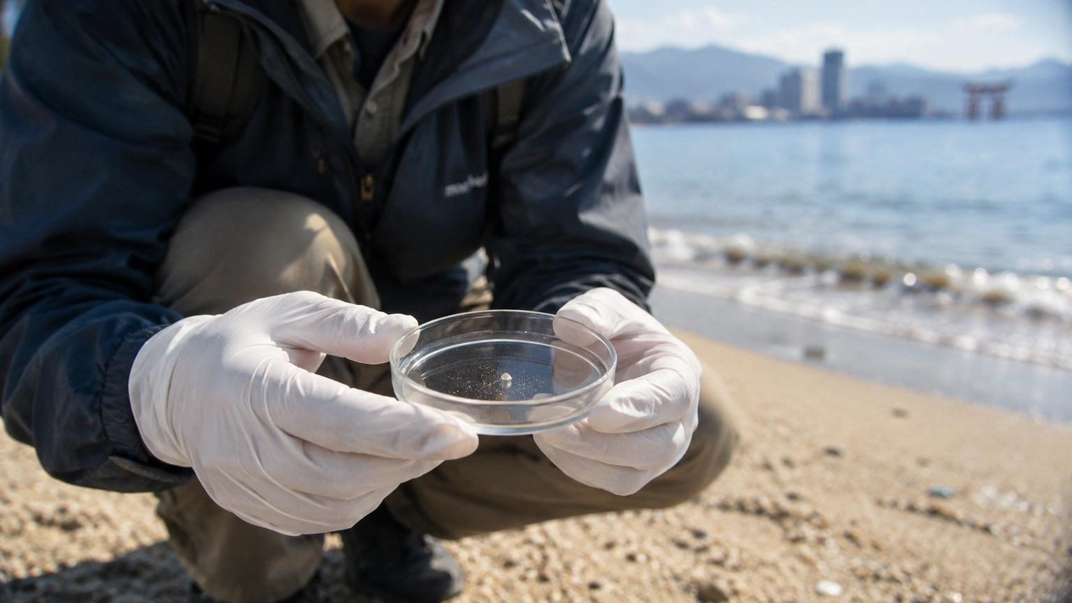 Gros plan microscopique d'un grain de sable sombre de 10 micromètres entouré de cristaux de quartz transparents, présentant des bulles figées et une texture vitrifiée typique de la fusion nucléaire d'Hiroshima en 1945.