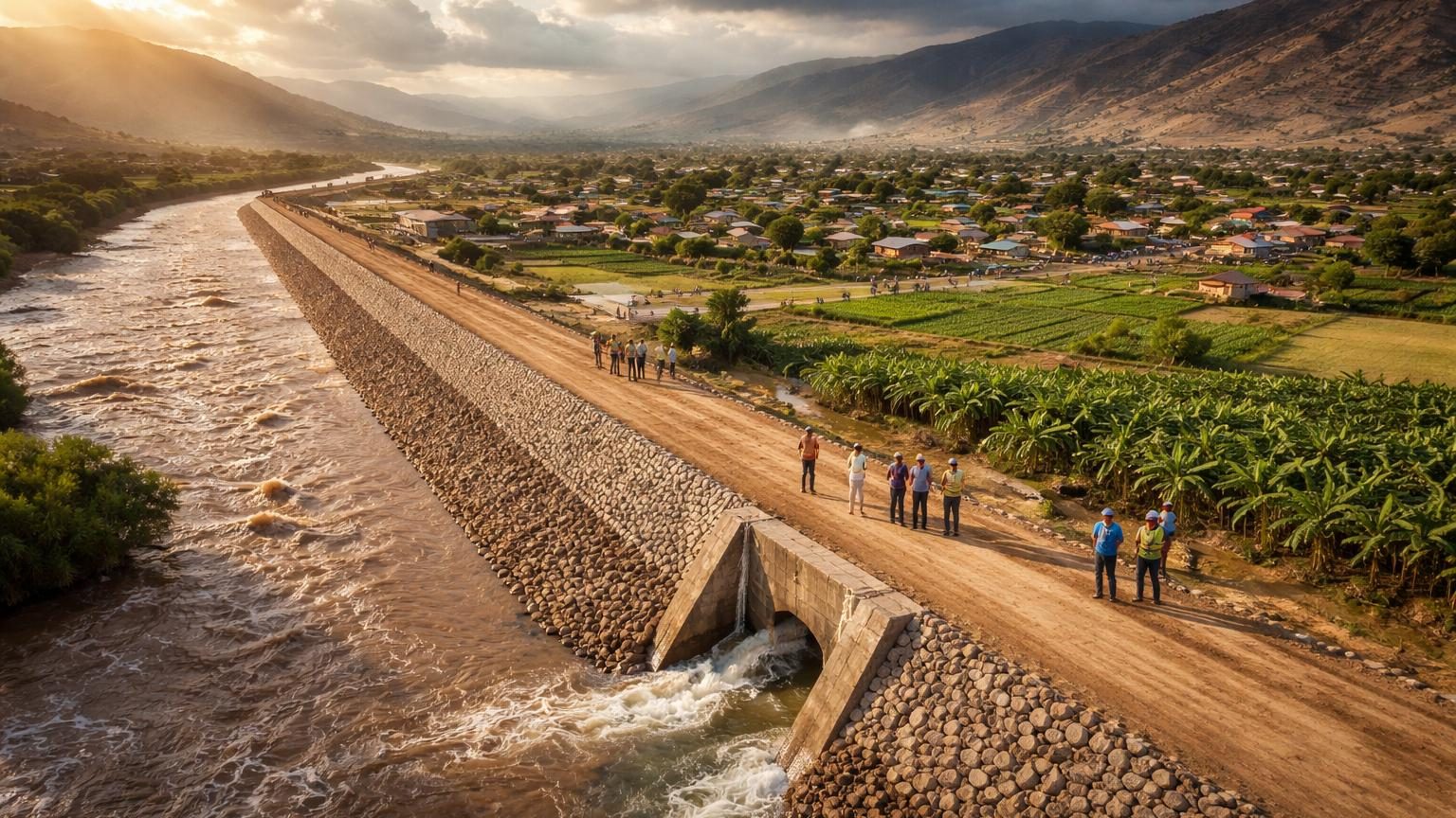 Digues de protection en terre le long d'une rivière péruvienne dans un paysage désertique, avec des ouvriers et engins de construction au travail dans la région de Lambayeque