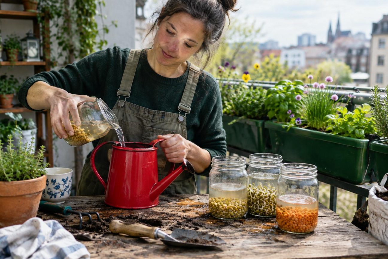 Poignée de lentilles germées avec petites racines blanches et débuts de pousses vertes, représentant l'étape de préparation du revitalisant pour plantes.