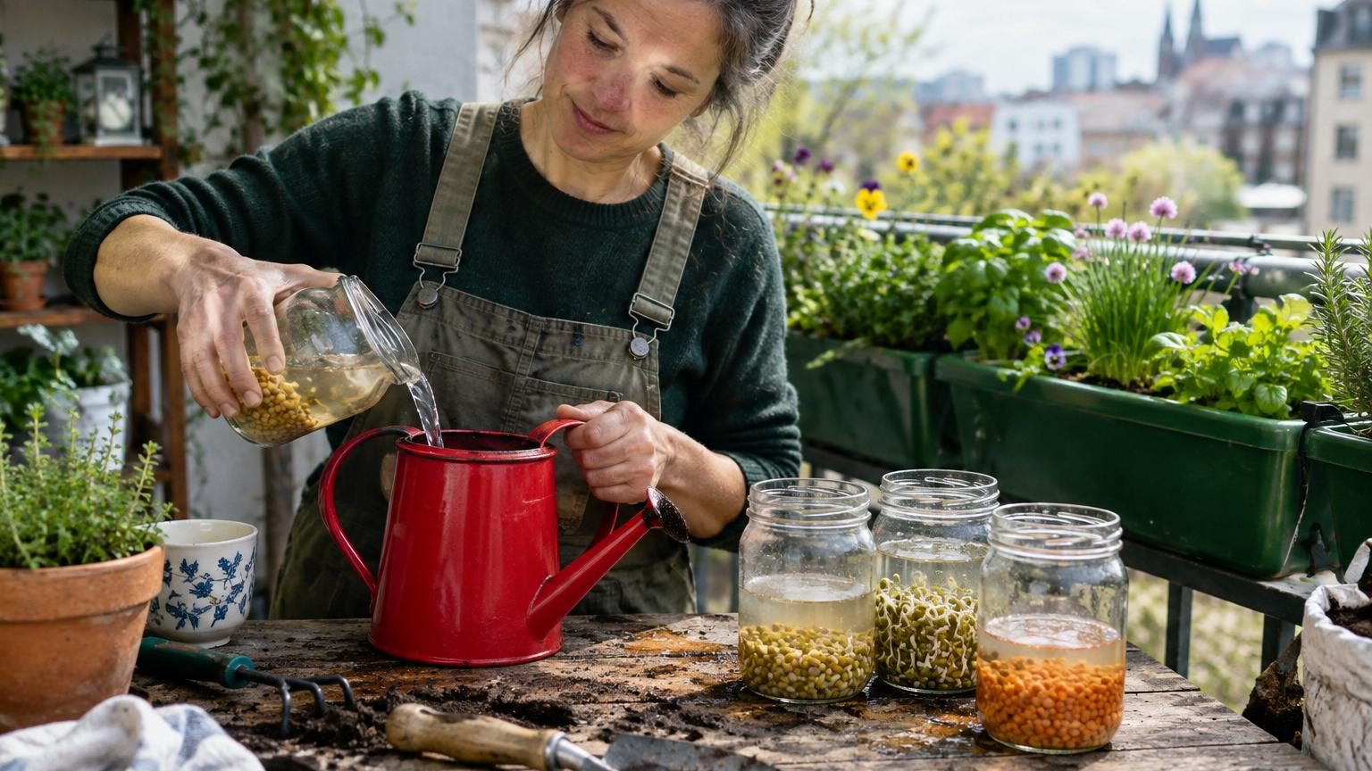 Poignée de lentilles germées avec petites racines blanches et débuts de pousses vertes, représentant l'étape de préparation du revitalisant pour plantes.