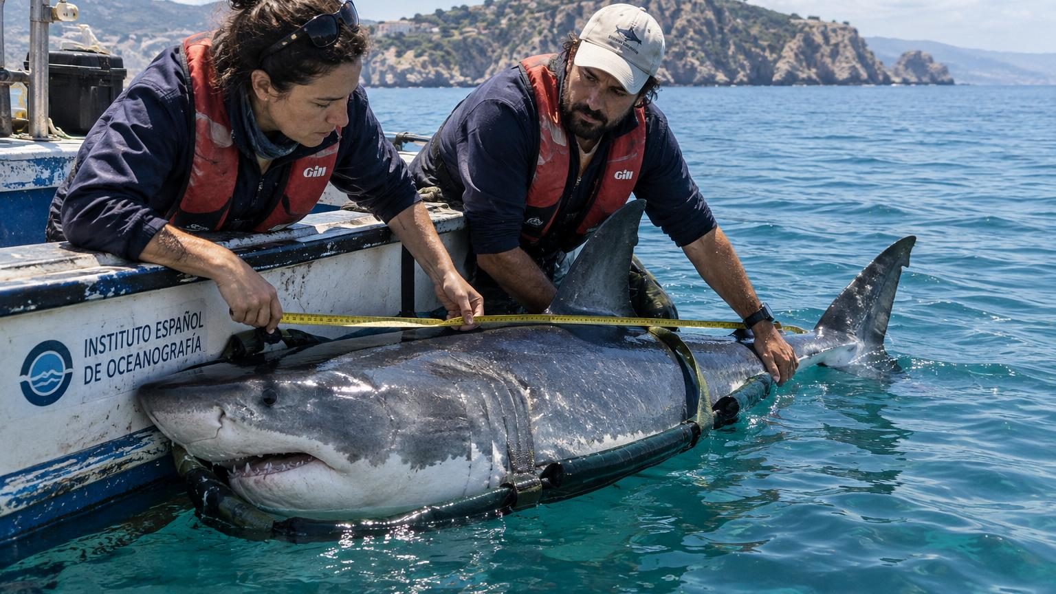 Grand requin blanc juvénile de profil dans les eaux bleues de la Méditerranée, montrant sa silhouette caractéristique avec ses nageoires.