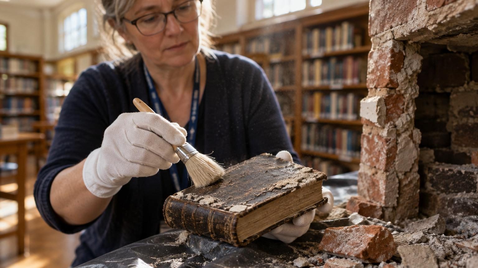 Un vieux livre usé aux pages jaunies, ouvert ou fermé, présenté à côté d'une vieille caisse en bois, évoquant sa découverte dans une cheminée ancienne d'une maison australienne du XIXe siècle.
