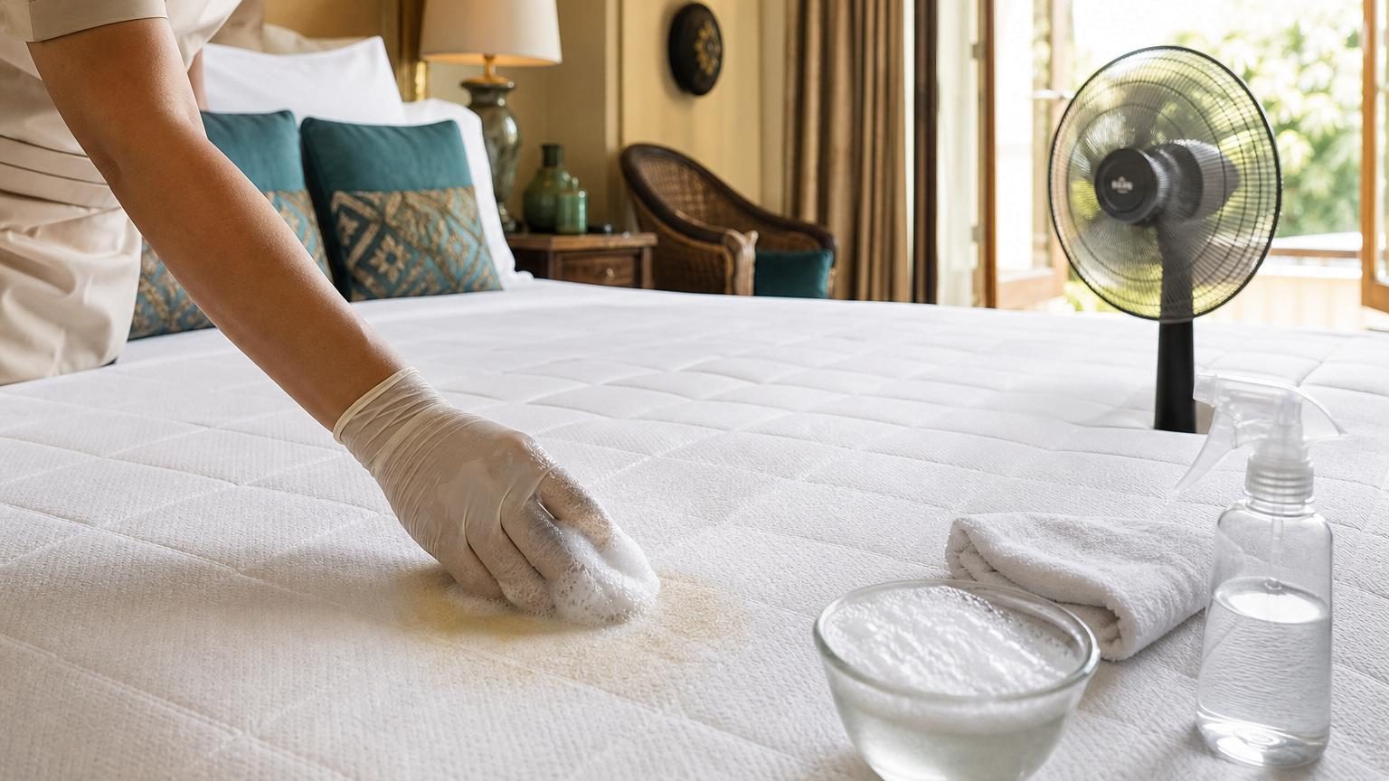 Un matelas avec une tache visible en surface, un chiffon blanc humide posé dessus, et une fenêtre ouverte permettant une aération.