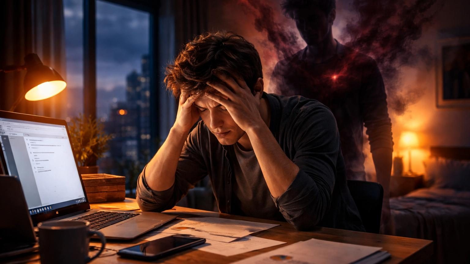 Personne hésitante devant une tâche, visage exprimant l'anxiété et le malaise émotionnel lié à la procrastination