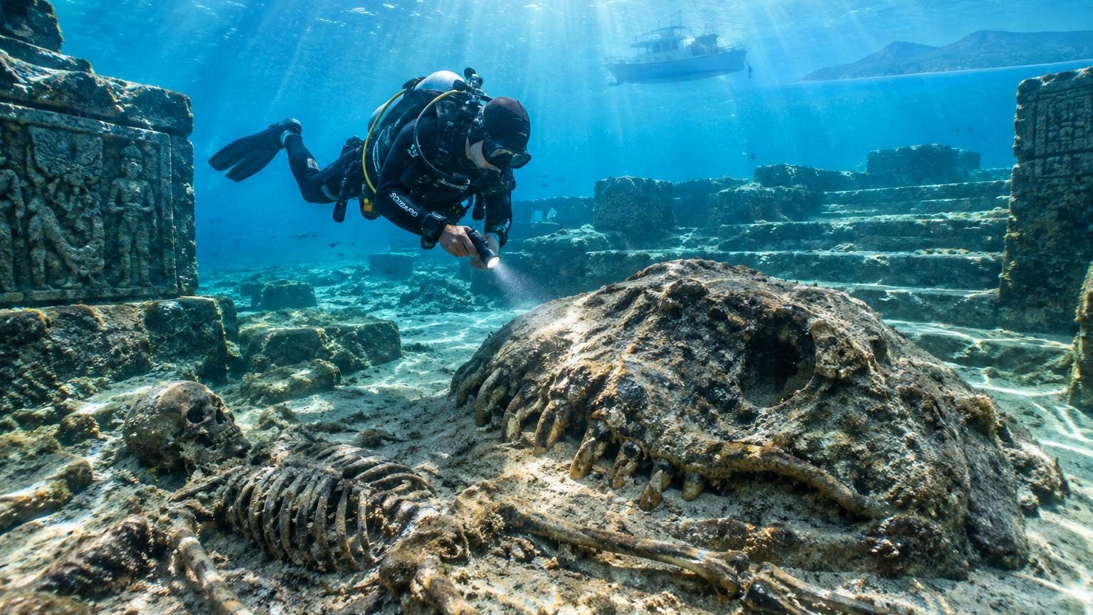 Illustration d'une vaste plaine préhistorique submergée avec des mammouths géants, des éléphants anciens et des humains primitifs avant son immersion sous les eaux de la mer de Java.