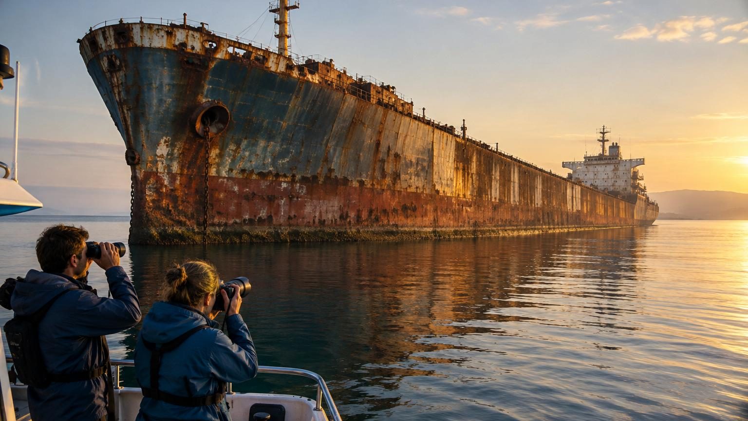 Vue aérienne d'un navire géant de 1 600 mètres immobilisé en mer, silhouette sombre figée à l'horizon contre les vagues, symbole d'un projet industriel abandonné depuis trois décennies.