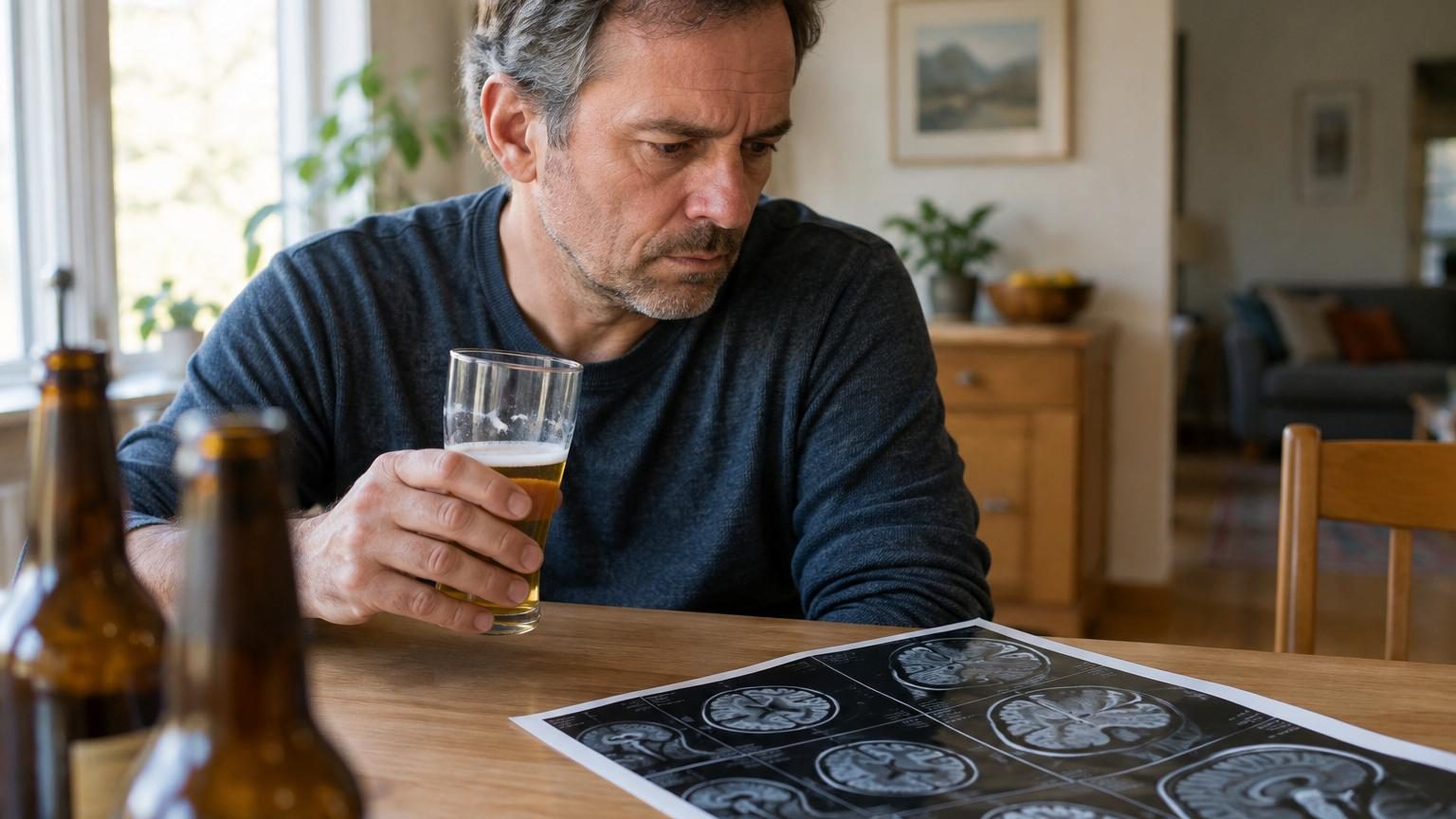 Illustration d'un cerveau coloré avec des zones de dégradation, symbolisant les effets de l'alcool sur les neurones et la mémoire chez une personne âgée