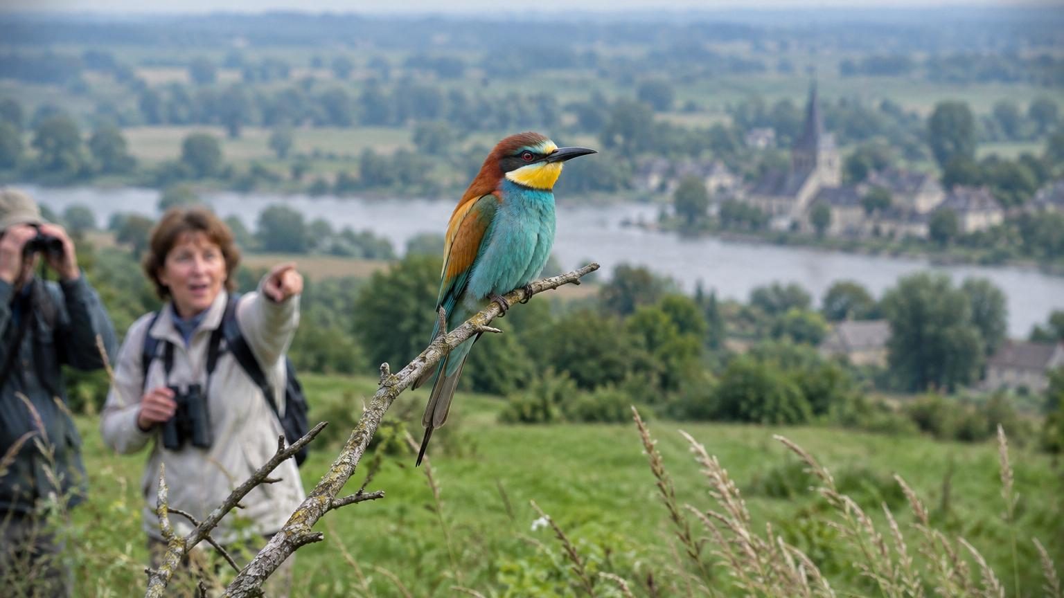 Oiseau aux couleurs tropicales, turquoise et jaune, perché sur un fil électrique au-dessus d'un champ ou d'une zone sableuse du nord de la France
