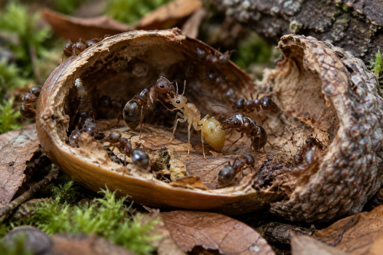 Une fourmi jaune pâle, parasite par un ver solitaire, est entourée de fourmis brunes qui la nourrissent et la toilettent comme une reine au sein du nid souterrain.