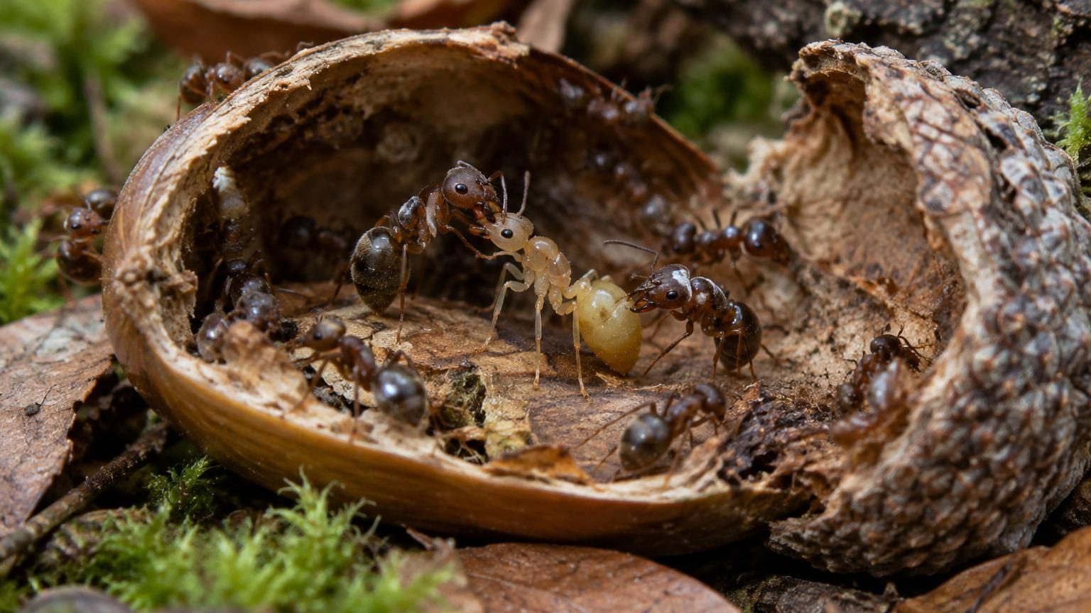 Une fourmi jaune pâle, parasite par un ver solitaire, est entourée de fourmis brunes qui la nourrissent et la toilettent comme une reine au sein du nid souterrain.