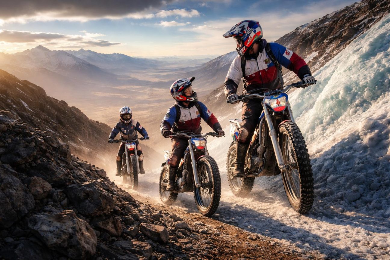 Un père et ses deux fils en tenue de motocross posent fièrement à moto aux pieds d'un sommet volcanique enneigé des Andes, entourés de paysages montagneux et de glaciers.