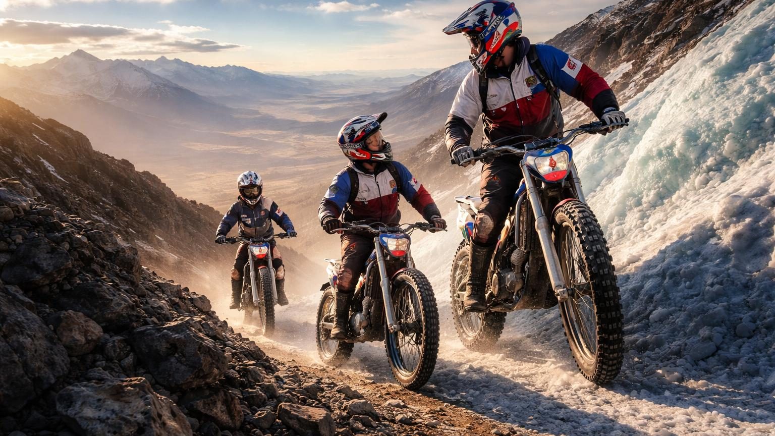 Un père et ses deux fils en tenue de motocross posent fièrement à moto aux pieds d'un sommet volcanique enneigé des Andes, entourés de paysages montagneux et de glaciers.