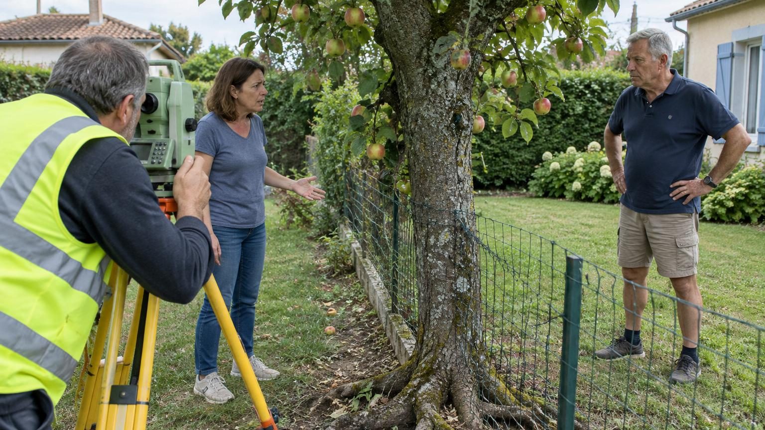 Deux maisons mitoyennes séparées par un grillage, avec un vieux pommier dont le tronc chevauche la ligne de propriété, des racines visibles et des branches s'étendant des deux côtés.