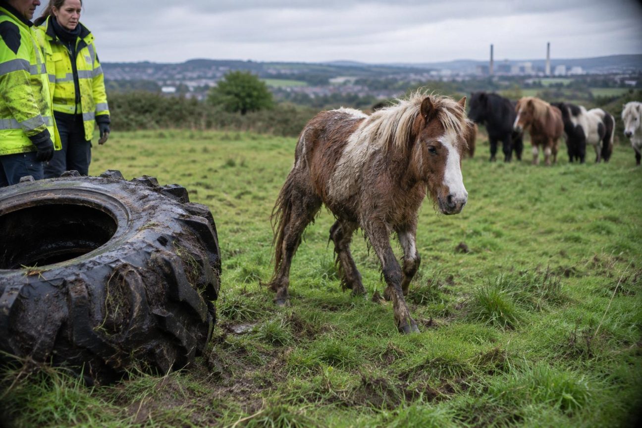 Un poney brun libéré d'un énorme pneu de tracteur noir, chancelant sur ses pattes dans un champ d'herbe verte, entouré de secouristes de la RSPCA