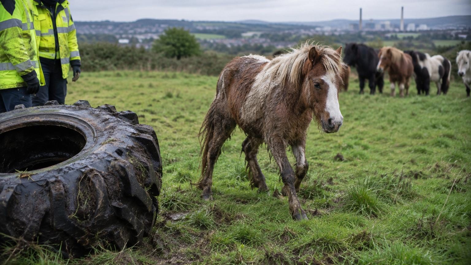 Un poney brun libéré d'un énorme pneu de tracteur noir, chancelant sur ses pattes dans un champ d'herbe verte, entouré de secouristes de la RSPCA