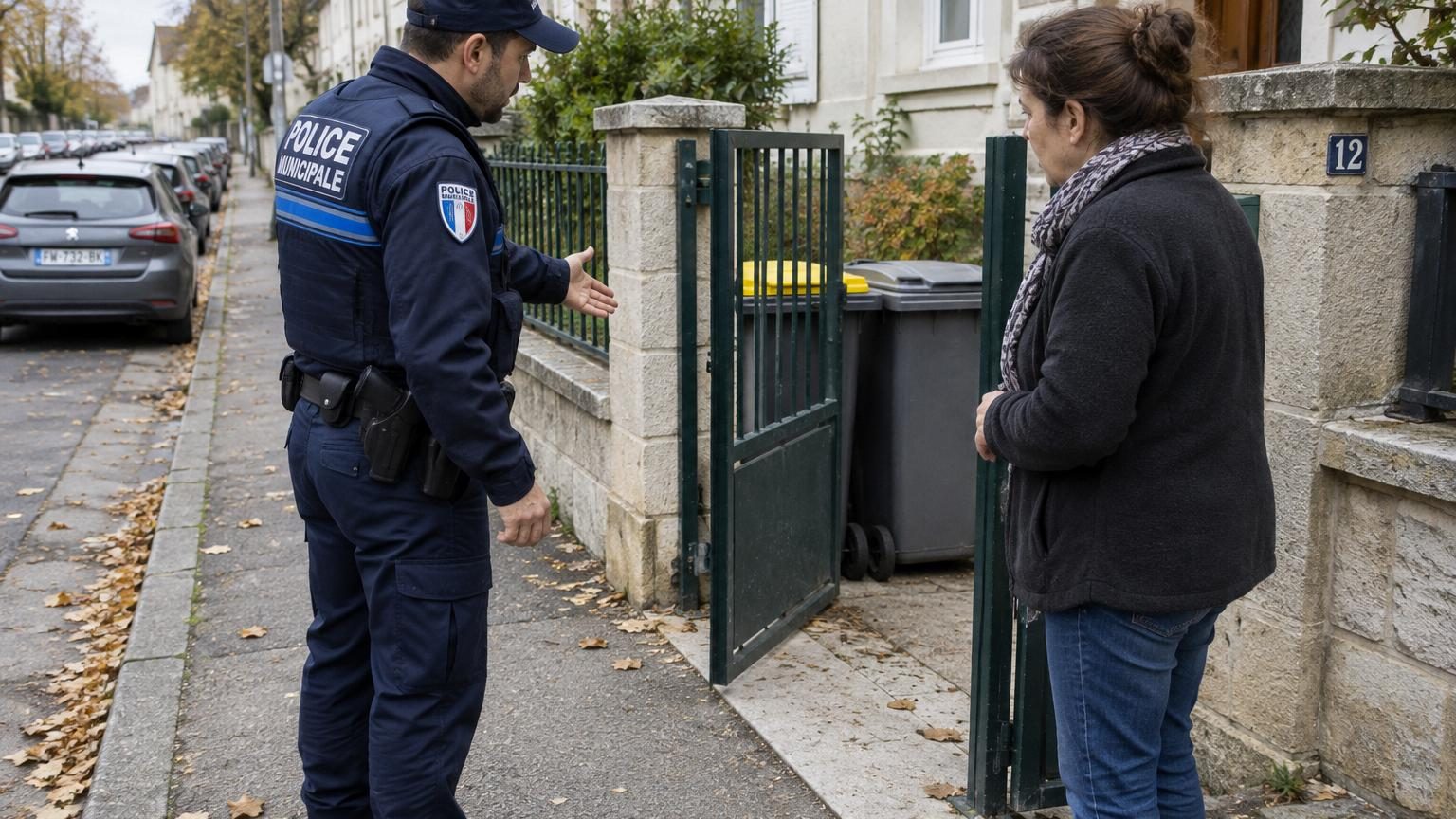 Vue d'une maison avec un portillon entrouvert sur un trottoir, poubelles grises et jaunes alignées près de la porte, et passage étroit pour piétons