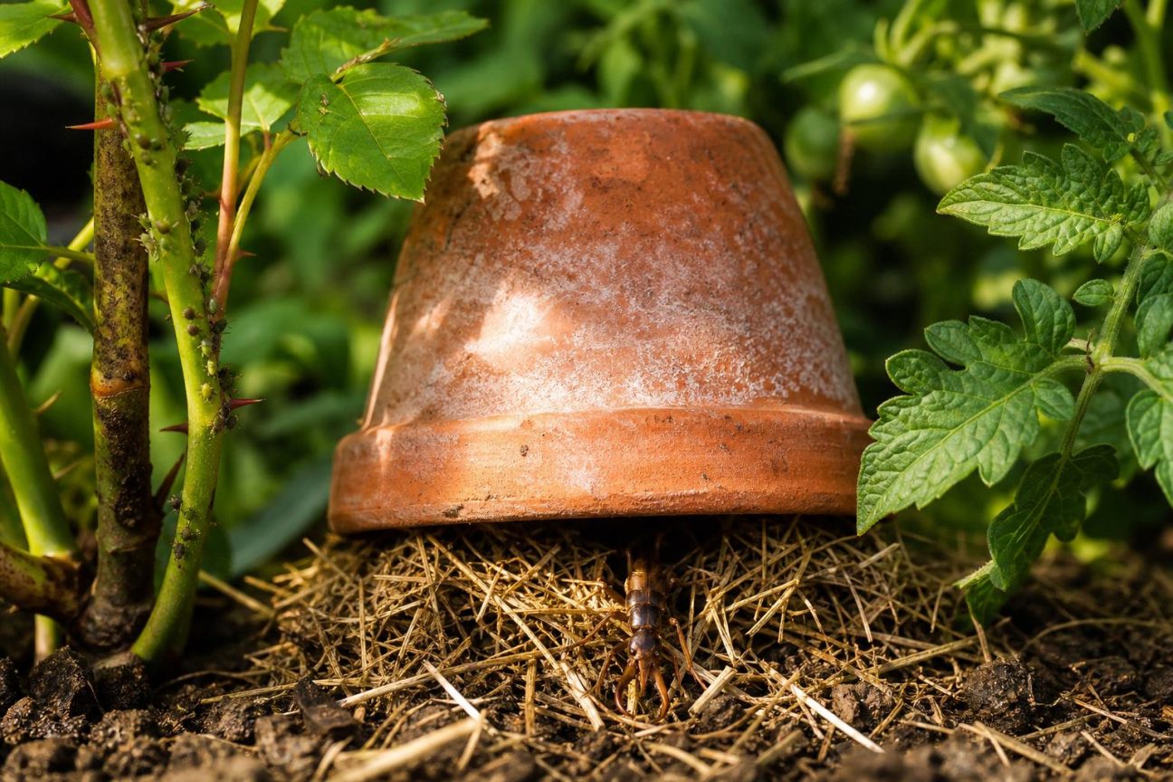 Un pot en terre cuite retourné garni de paille sèche placé au pied d'une plante dans un jardin, créant un refuge discret pour les perce-oreilles.