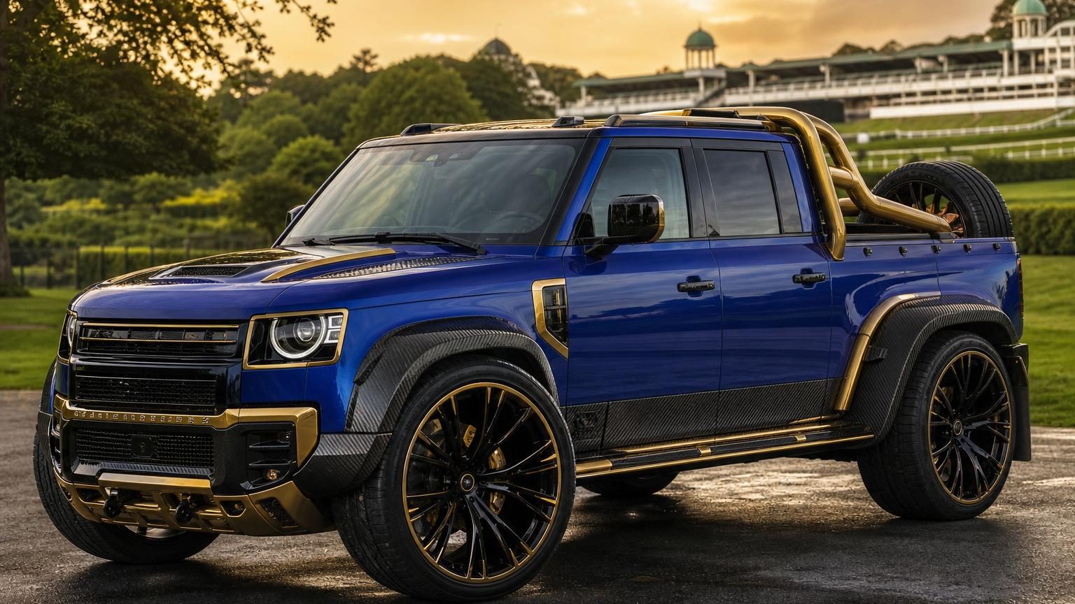 Land Rover Defender transformé en pick-up par Urban Automotive, présenté en bleu avec détails dorés, fibre de carbone apparente et jantes forgées de grand diamètre.