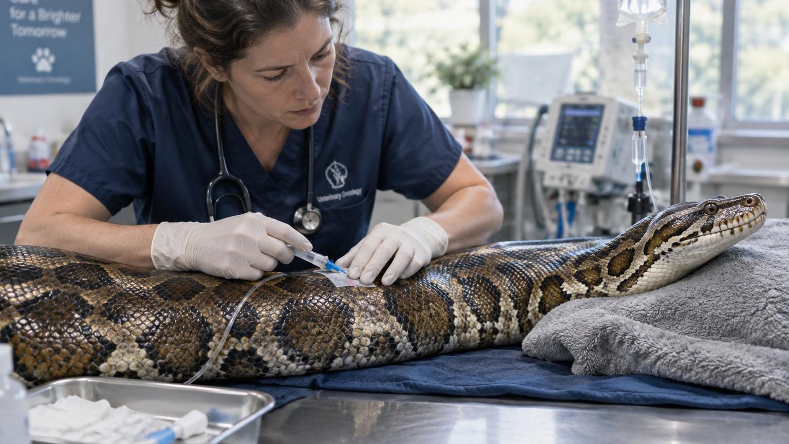 Un python réticulé gris de grande taille allongé sur une table d'examen, entouré de vétérinaires tenant le corps du serpent pour la manipulation médicale.