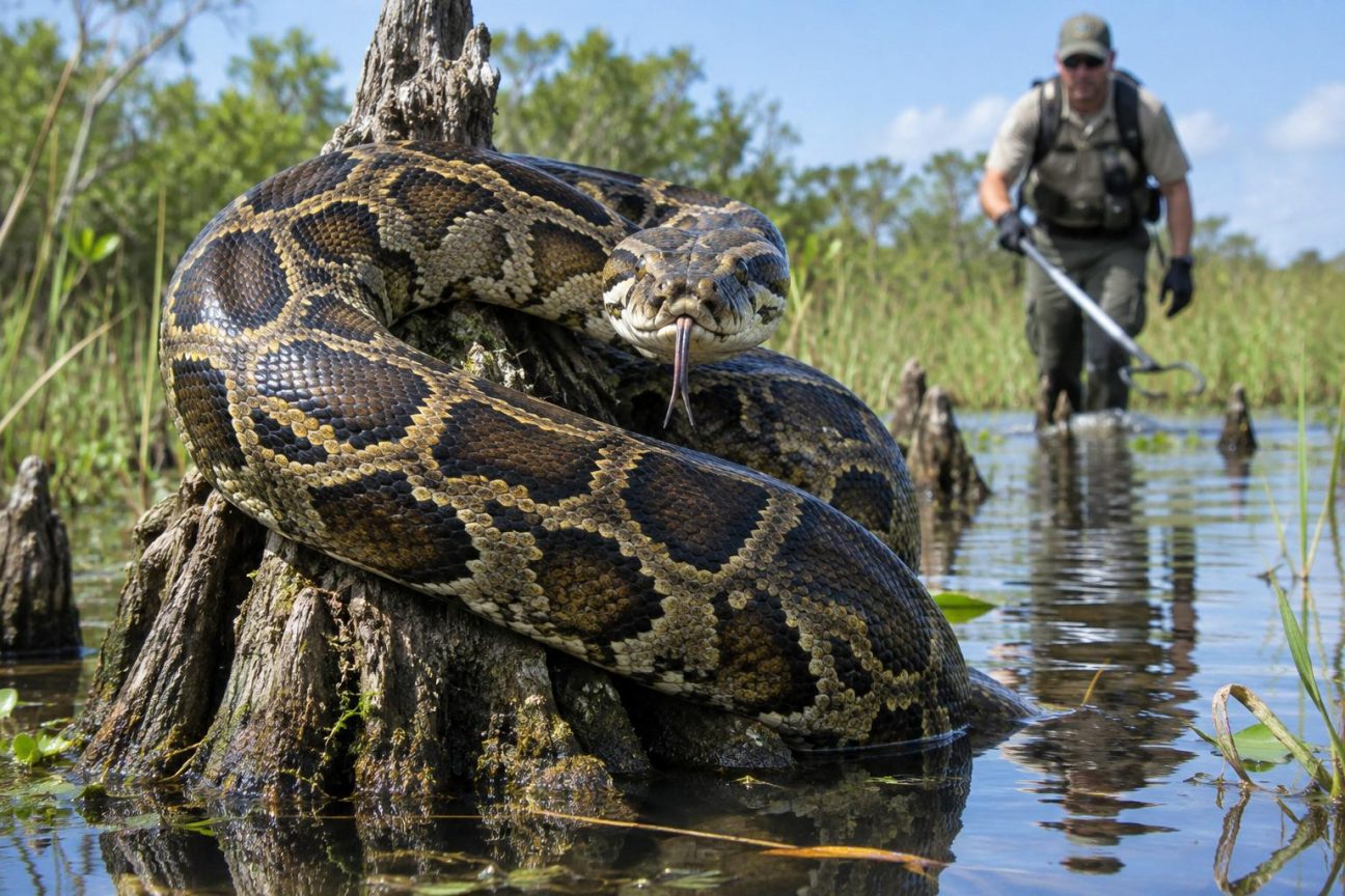 Un python birman enroulé sur une branche dans les marais des Everglades de Floride, montrant sa large tête et ses motifs écaillés caractéristiques.