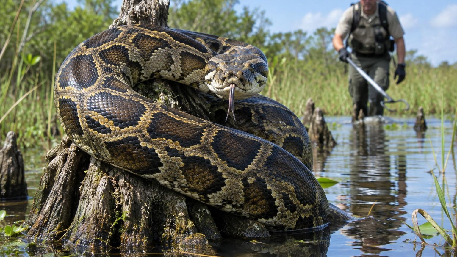 Un python birman enroulé sur une branche dans les marais des Everglades de Floride, montrant sa large tête et ses motifs écaillés caractéristiques.