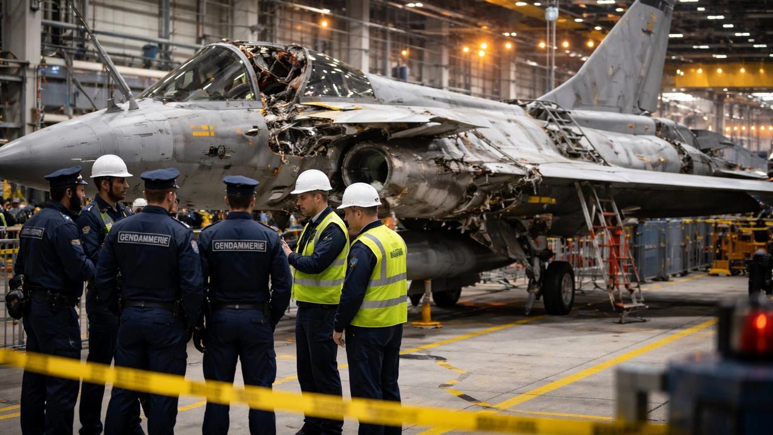 Usine Dassault Aviation de Cergy où un avion de chasse Rafale en construction a subi deux dégradations successives; gendarmes enquêtant sur le site industriel sensible.