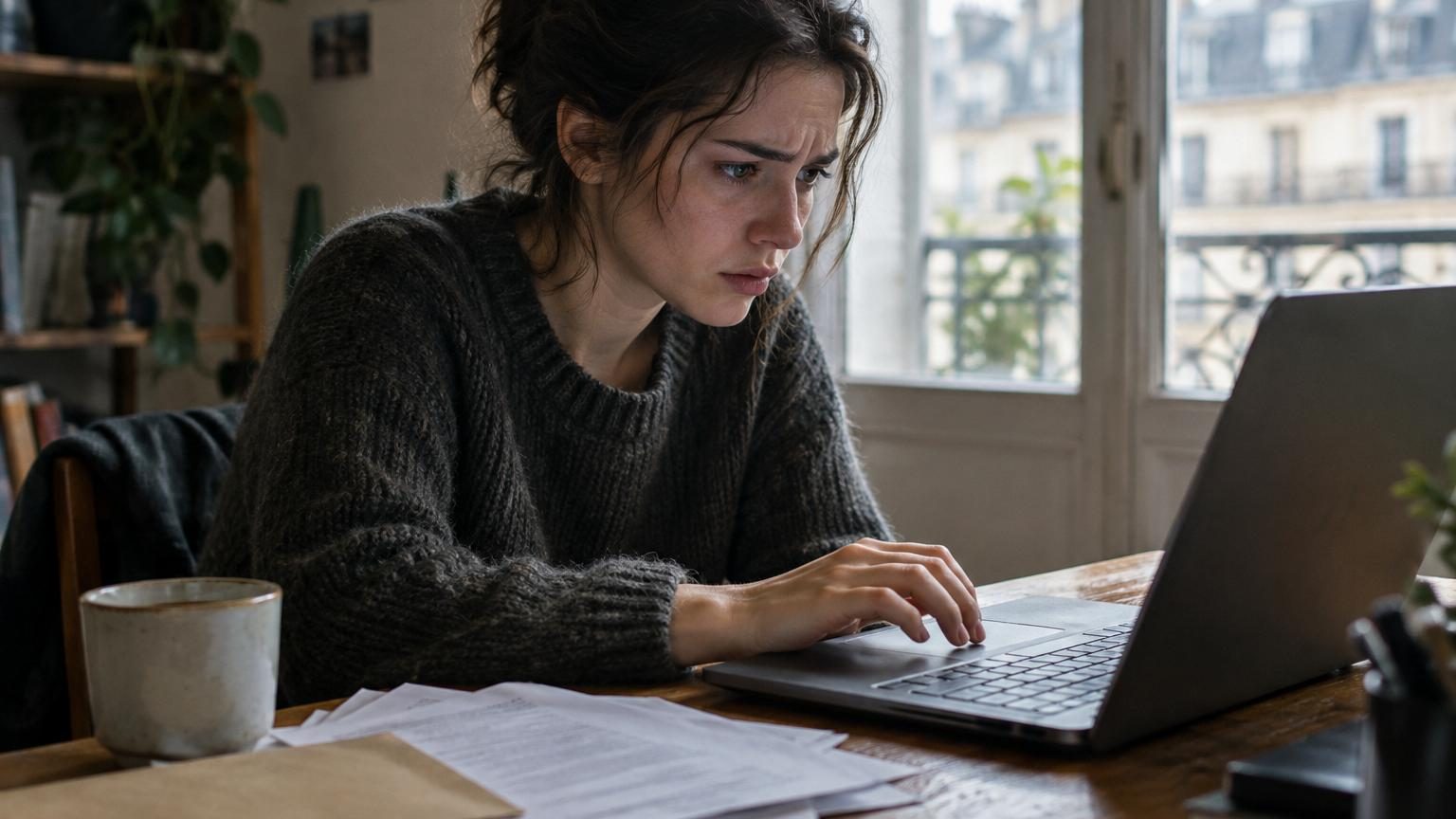 Personne rédigeant un mail professionnel de candidature sur un ordinateur, avec CV et documents en arrière-plan.