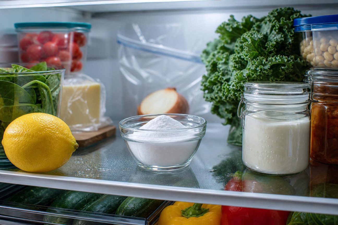 Un bol blanc rempli de poudre de bicarbonate de soude posé discrètement au fond d'un réfrigérateur, entouré d'aliments et de rangements divers.